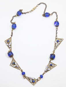 Vintage Czech Blue Glass Enamel Necklace - JD10776