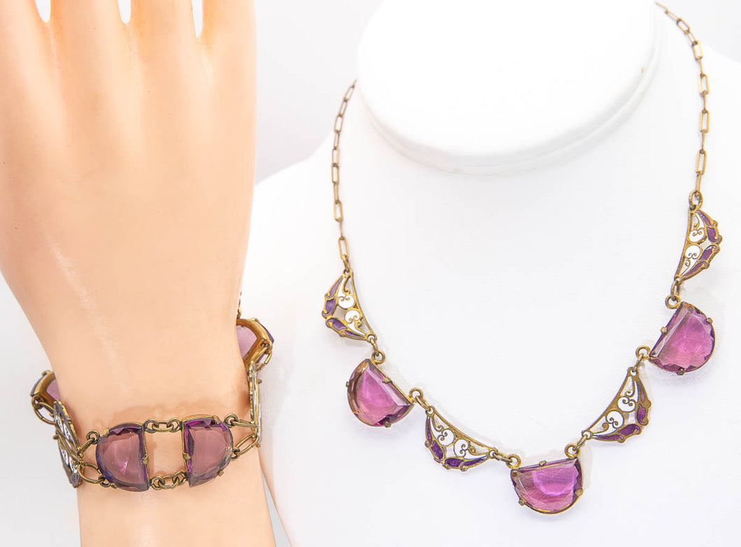 Special Czech Vintage Enameled Glass Necklace and Bracelet - JD10933