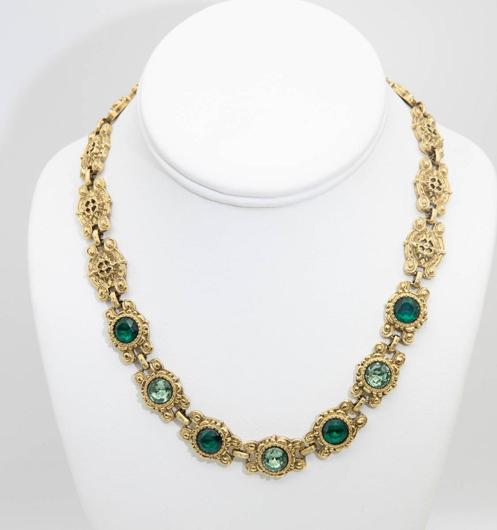 Vintage Green and Aqua Stoned Medallion Necklace - JD10981
