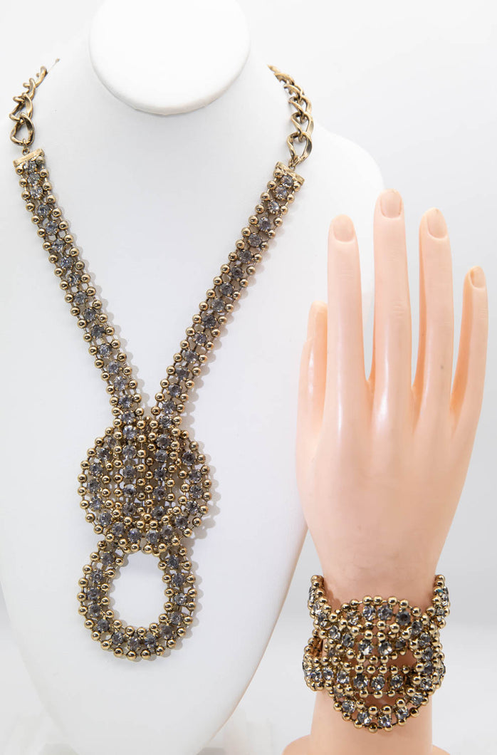 Vintage Unusual Rhinestone and Gold Metal Beads Necklace and Bracelet - JD10950