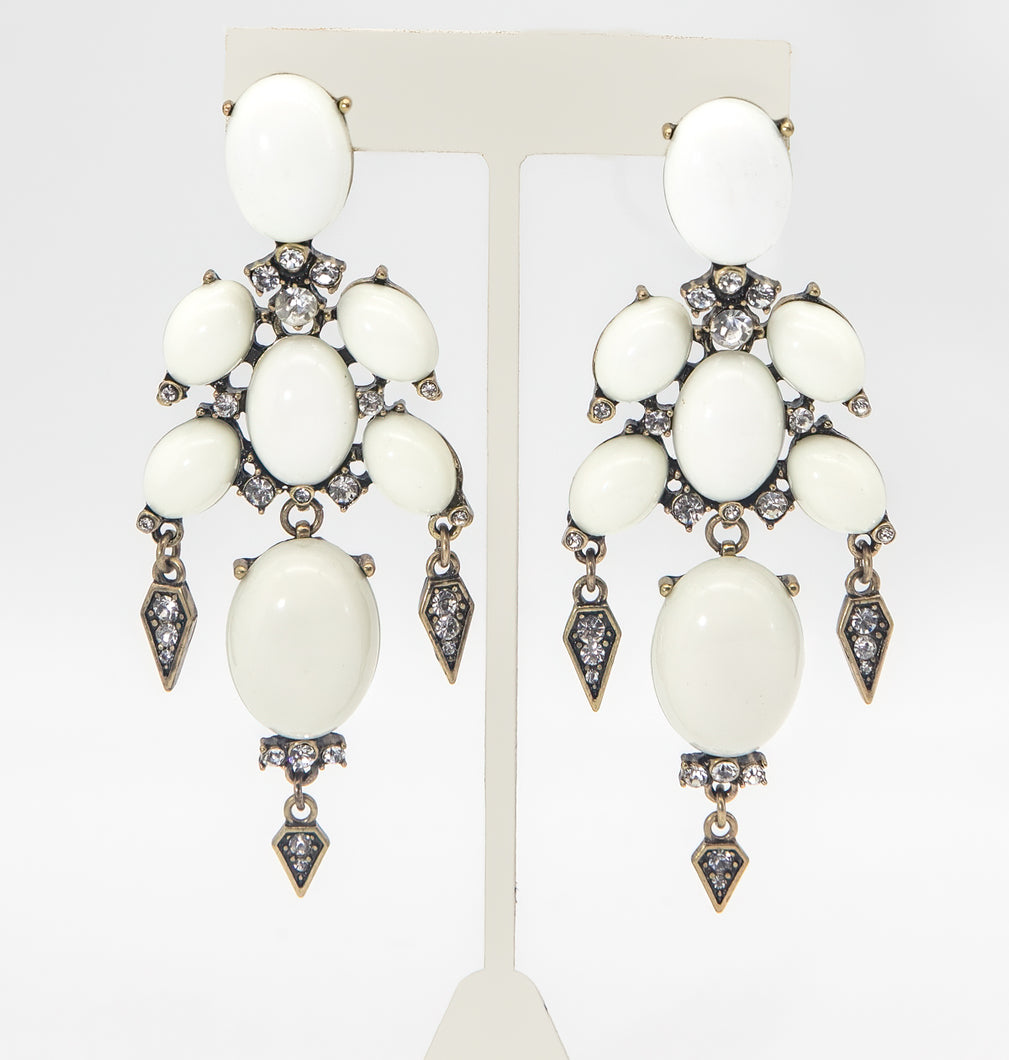 White Cabochon Pierced 4 Inch Dangling Earrings - JD10623