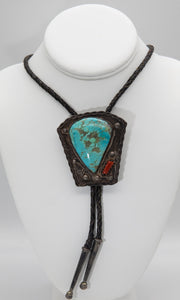 Sterling Silver Signed PCC Bolo Leather Tie American Indian Zuni Turquoise Necklace - JD10634