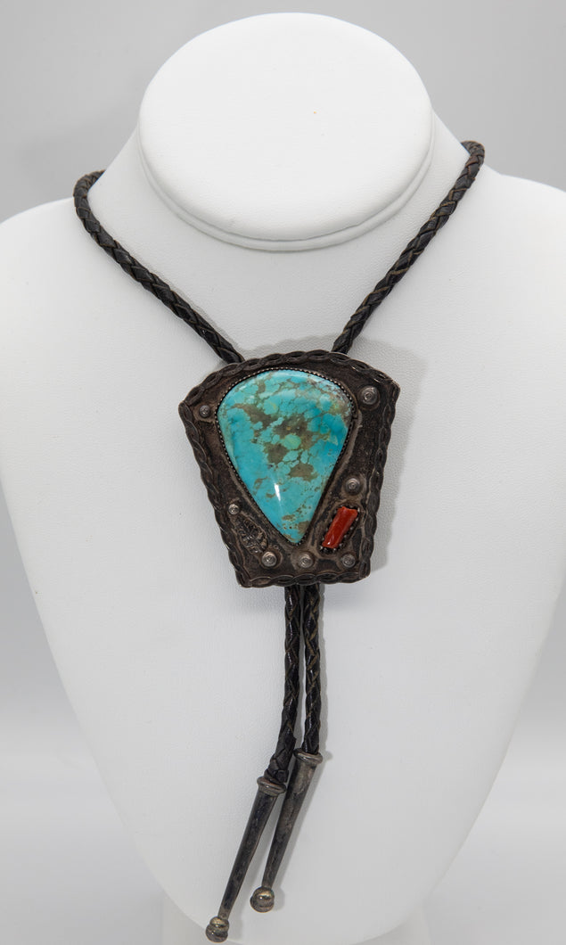 Sterling Silver Signed PCC Bolo Leather Tie American Indian Zuni Turquoise Necklace - JD10634