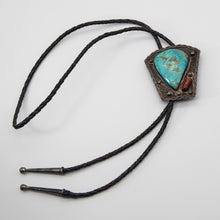 Load image into Gallery viewer, Sterling Silver Signed PCC Bolo Leather Tie American Indian Zuni Turquoise Necklace - JD10634