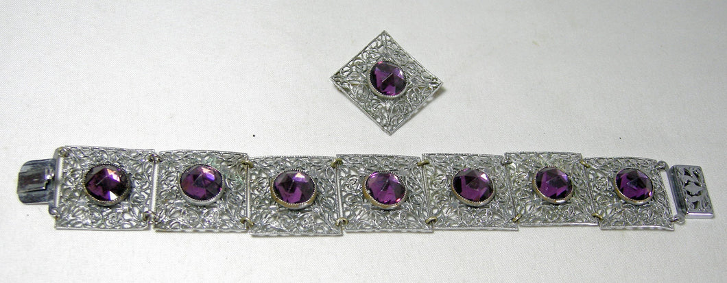 Vintage Deco Filigree Faux Amethyst Bracelet & Brooch Set  - JD10544