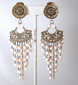 Long Vintage Faux Angel Coral Dangling Bead Earrings