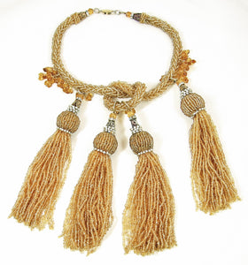 Vintage Anka Bugle Beaded Tassel Necklace