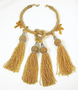 Vintage Anka Bugle Beaded Tassel Necklace