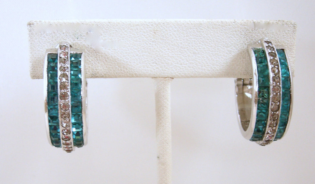 Vintage Clear & Aquamarine Crystals Hoop Earrings