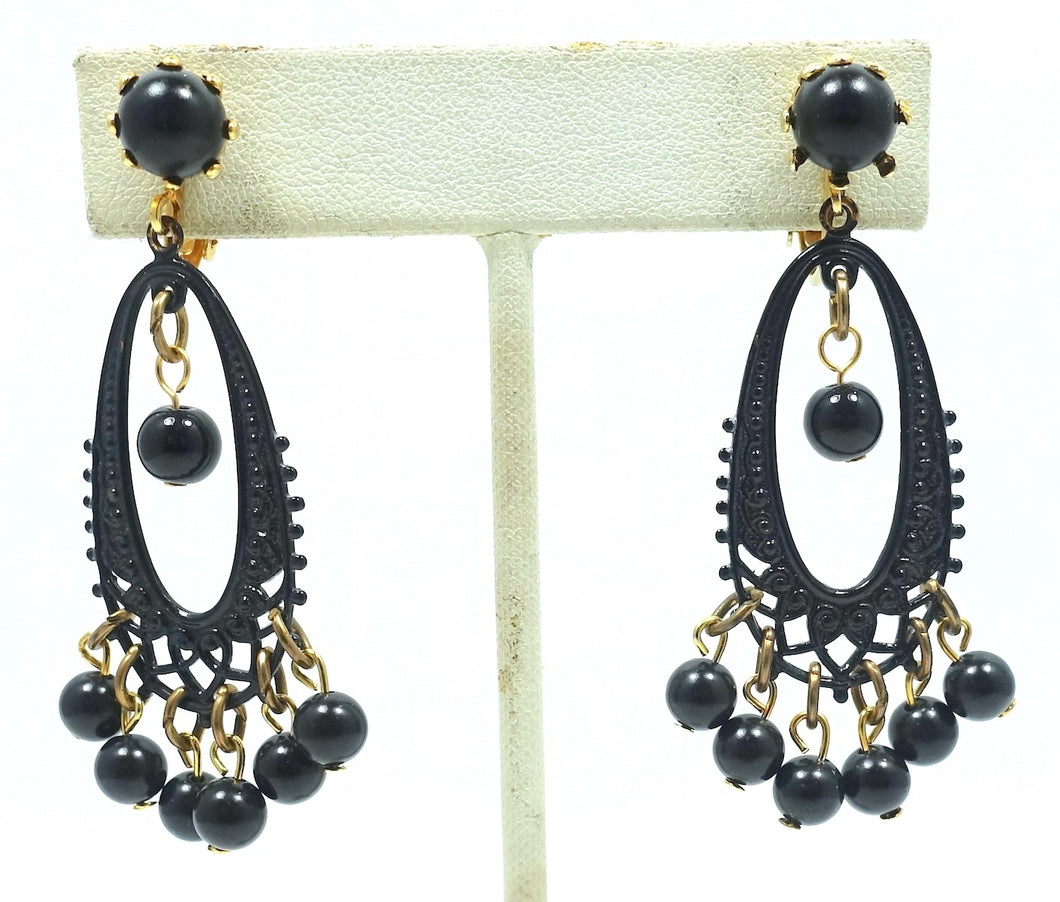 Vintage Black Glass Bead Dangling Earrings