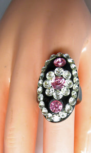 Vintage 80s Clear & Pink Rhinestone Elongated Floral Ring – Size 7-1/4