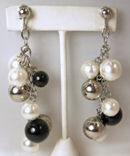 Load image into Gallery viewer, Vintage Faux Pearl, Black &amp; Silver Tone Bead Drop Earrings