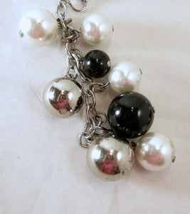 Vintage Faux Pearl, Black & Silver Tone Bead Drop Earrings