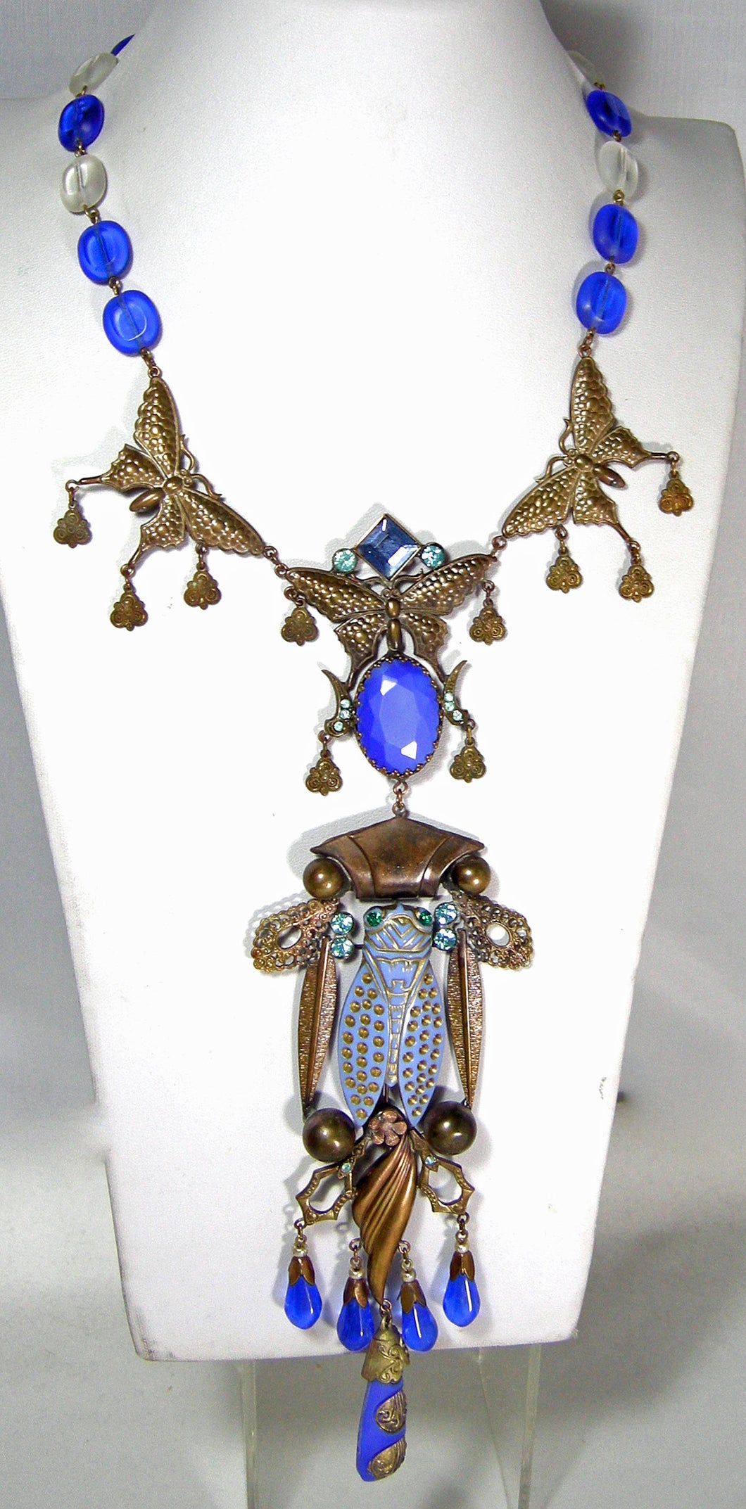 Vintage Dramatic Signed Czech Blue Glass Cicada Necklace  - JD10497