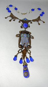 Vintage Dramatic Signed Czech Blue Glass Cicada Necklace  - JD10497