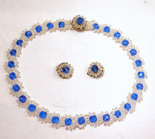 Load image into Gallery viewer, Vintage 1940s Blue &amp; Clear Glass Floral Necklace &amp; Earrings