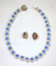 Load image into Gallery viewer, Vintage 1940s Blue &amp; Clear Glass Floral Necklace &amp; Earrings