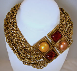 Vintage Signed Isabel Canovas French Multi-Chain and Gripoix Glass Necklace