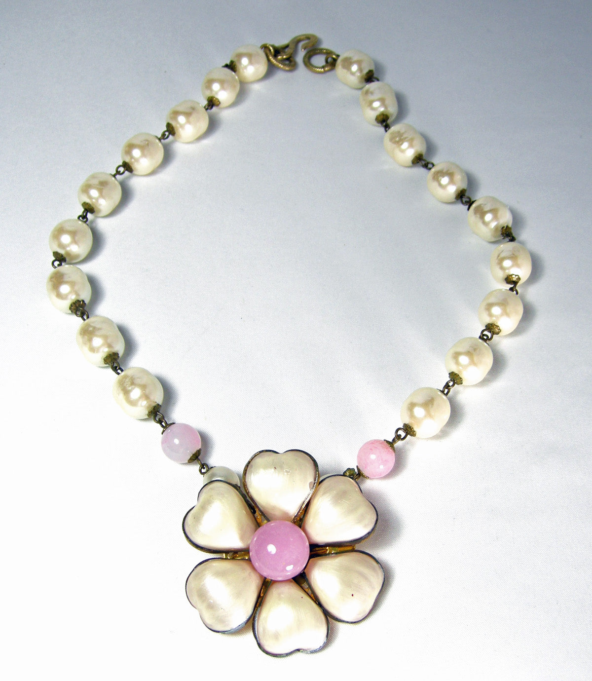 EARLY VINTAGE CHANEL PEARL NECKLACE & GRIPOIX POURED GLASS FLOWER  
