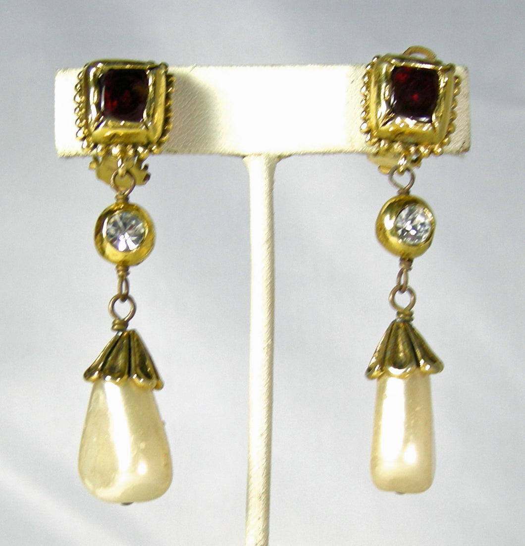 Vintage CHANEL Faux Pearl Gold-Tone Clip Dangle Earrings