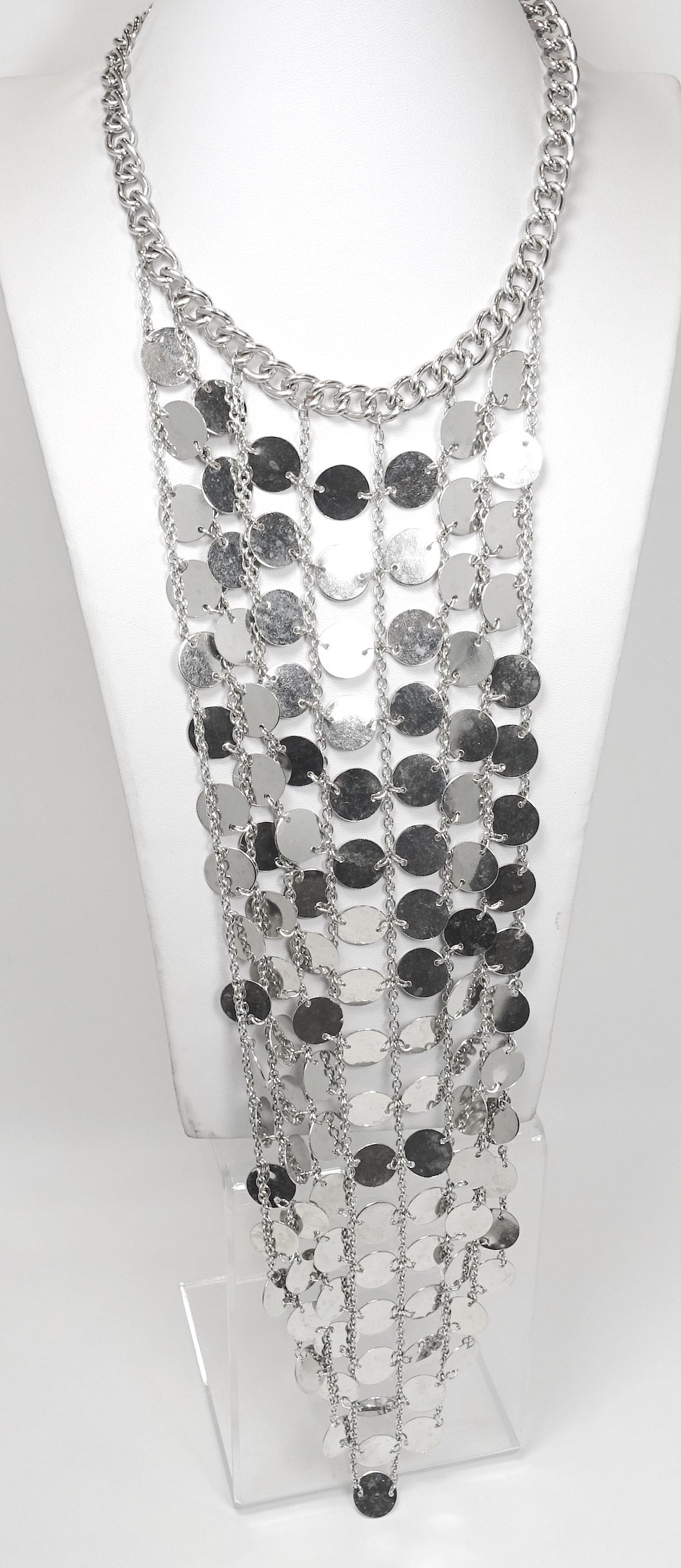 Vintage Extremely Long 1960s Chrome Drop Bib Necklace