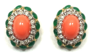 Vintage Faux Coral, Green & Clear Crystal Earrings