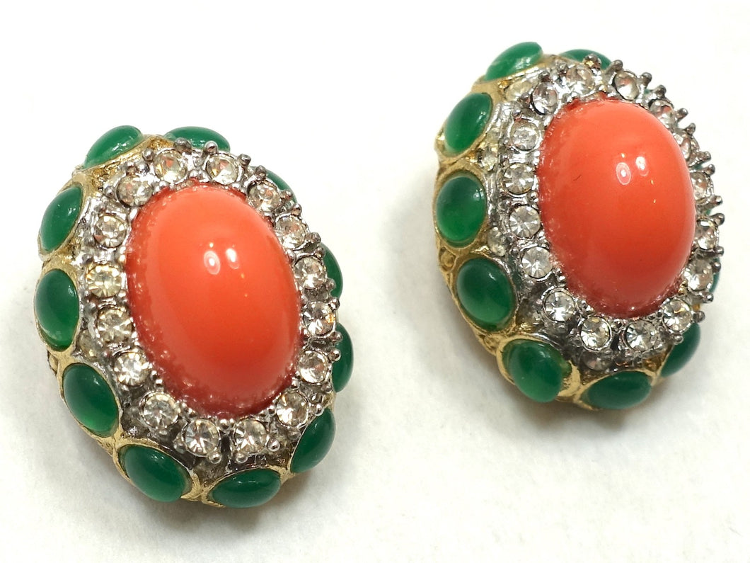 Vintage Faux Coral, Green & Clear Crystal Earrings