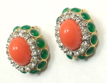Load image into Gallery viewer, Vintage Faux Coral, Green &amp; Clear Crystal Earrings