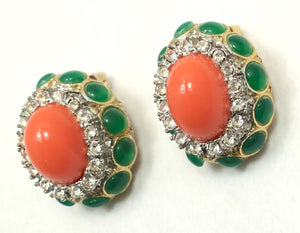 Vintage Faux Coral, Green & Clear Crystal Earrings