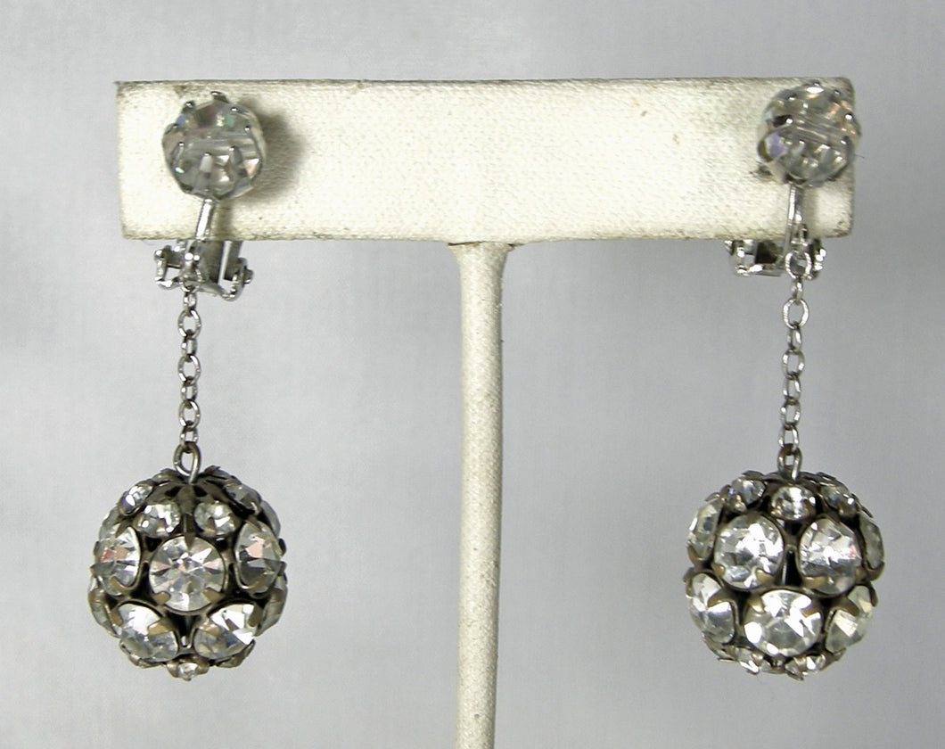 Vintage Rhinestone Deco Ball Dangling Clip Earrings - JD10168