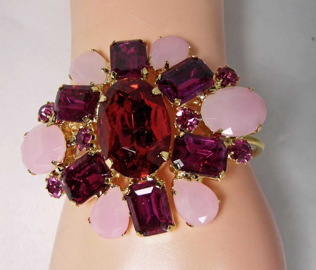 Vintage 1930s Signed Czech Red & Pink Cuff Bracelet - JD10199