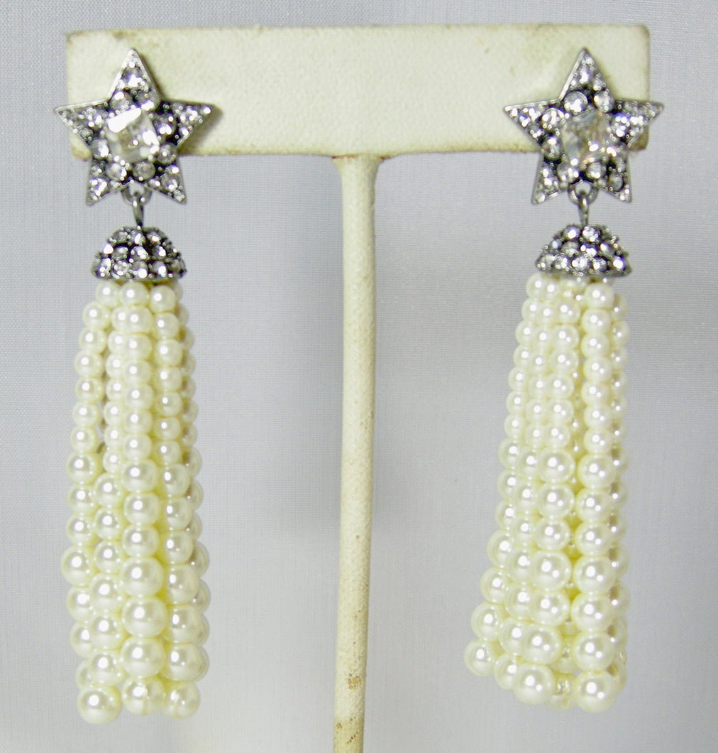 Crystal Star Pierced Earrings with Pearl Tassels  - JD10342