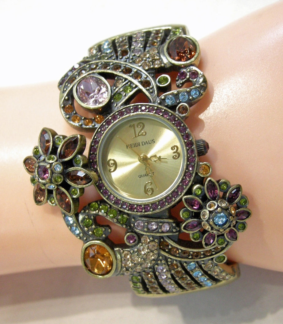 Signed Heidi Daus Multi-Color Crystal Bracelet With Working Watch
