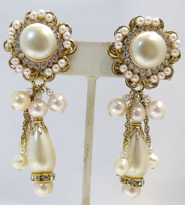 Vintage Signed DeMario Faux Pearl & Crystal Dangling Earrings