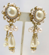Load image into Gallery viewer, Vintage Signed DeMario Faux Pearl &amp; Crystal Dangling Earrings