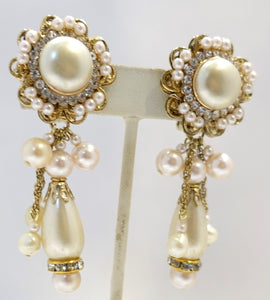Vintage Signed DeMario Faux Pearl & Crystal Dangling Earrings