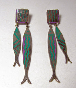Long Vintage Signed Laurel Burch Dangling Pierced Double Fish Earrings  - JD10436