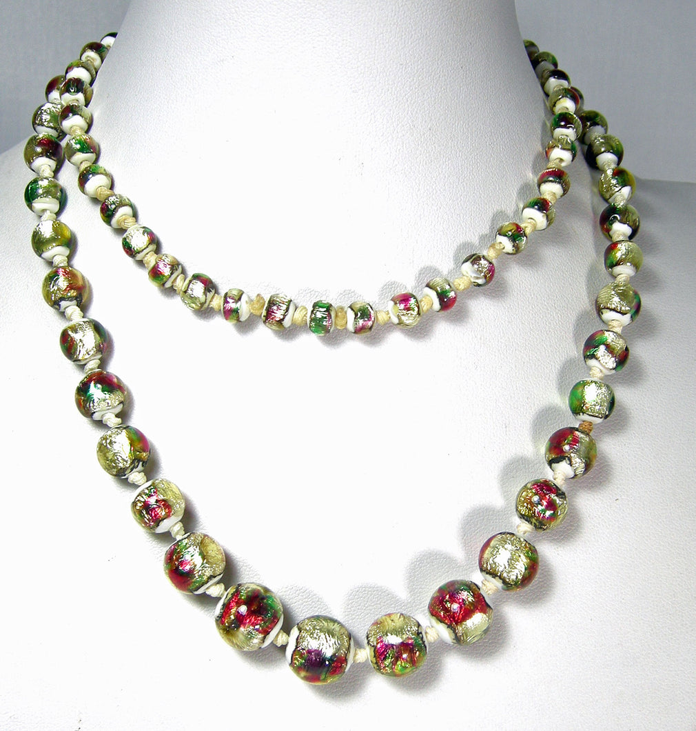 Vintage French Foil Graduated Glass Bead Necklace - JD10542