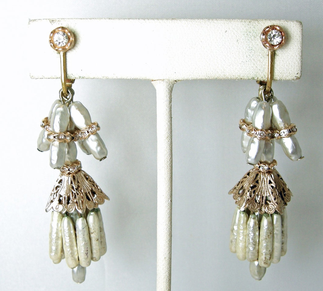 Vintage Baroque Faux Pearl & Crystal Dangle Earrings