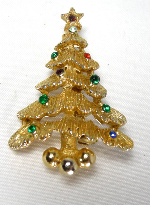 Vintage Gold Tone Christmas Tree Multicolor Stones - JD10152