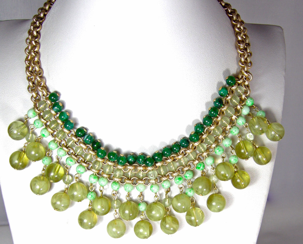 Three Tone Green Resin Bead Necklace   - JD10290
