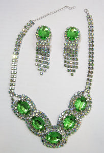 Vintage One of Kind Green Czech Glass Necklace and Earrings