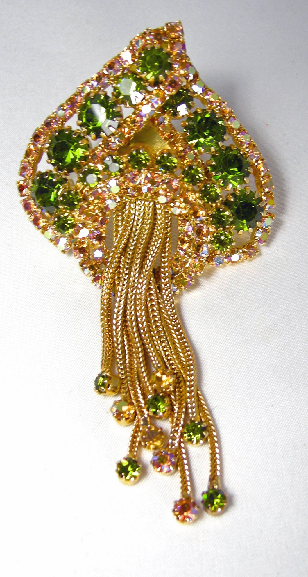 Vintage 1960s Large 3-1/2” Green Crystal Dangling Brooch - JD10176