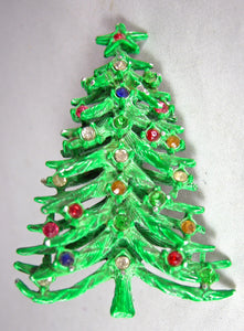 Vintage Green Enamel With Colorful Rhinestone Christmas Tree Brooch  - JD10530