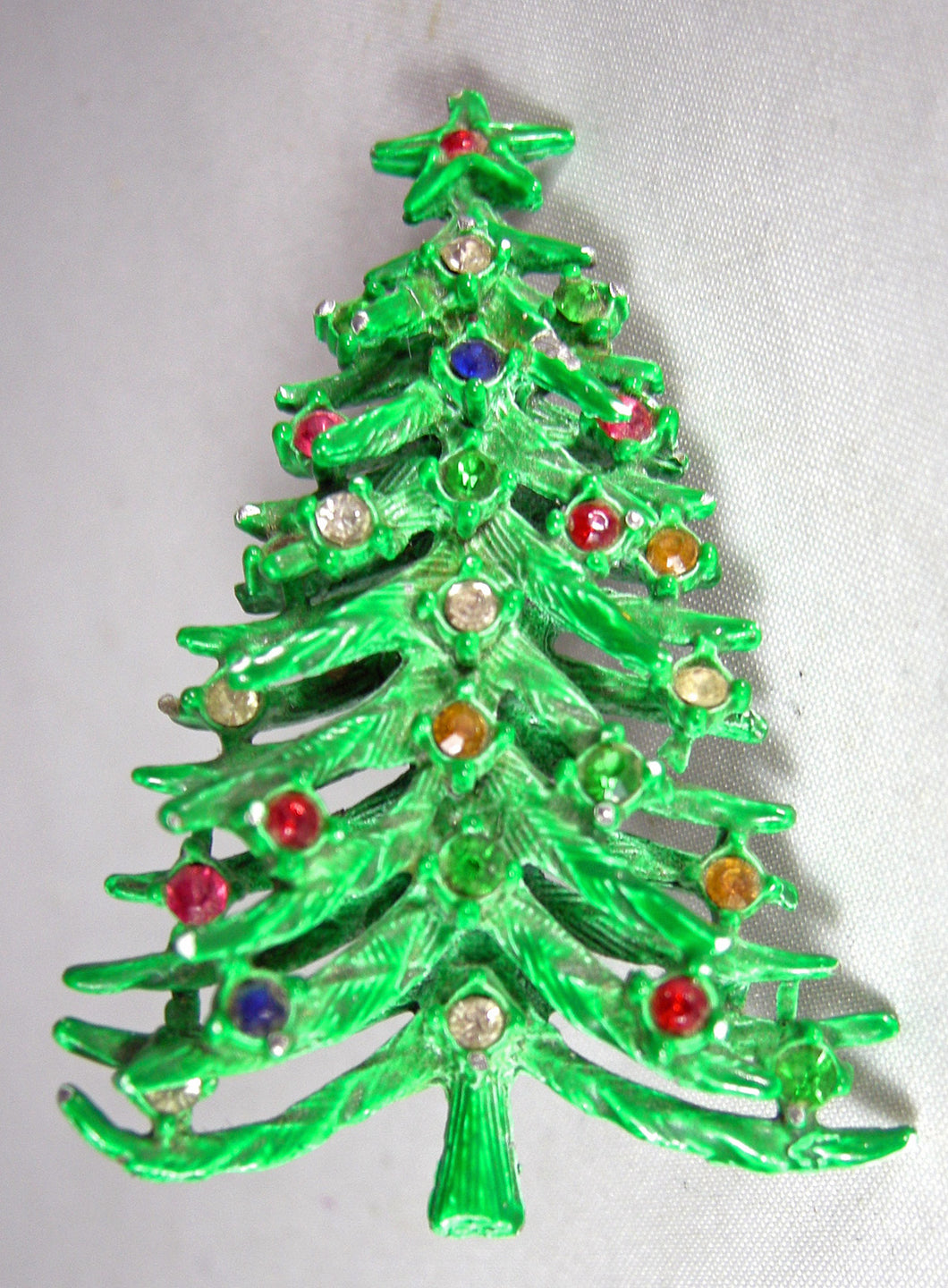 Vintage Green Enamel With Colorful Rhinestone Christmas Tree Brooch  - JD10530