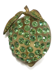 Vintage Art Deco 1930s Green Lucite & Crystal Strawberry Brooch