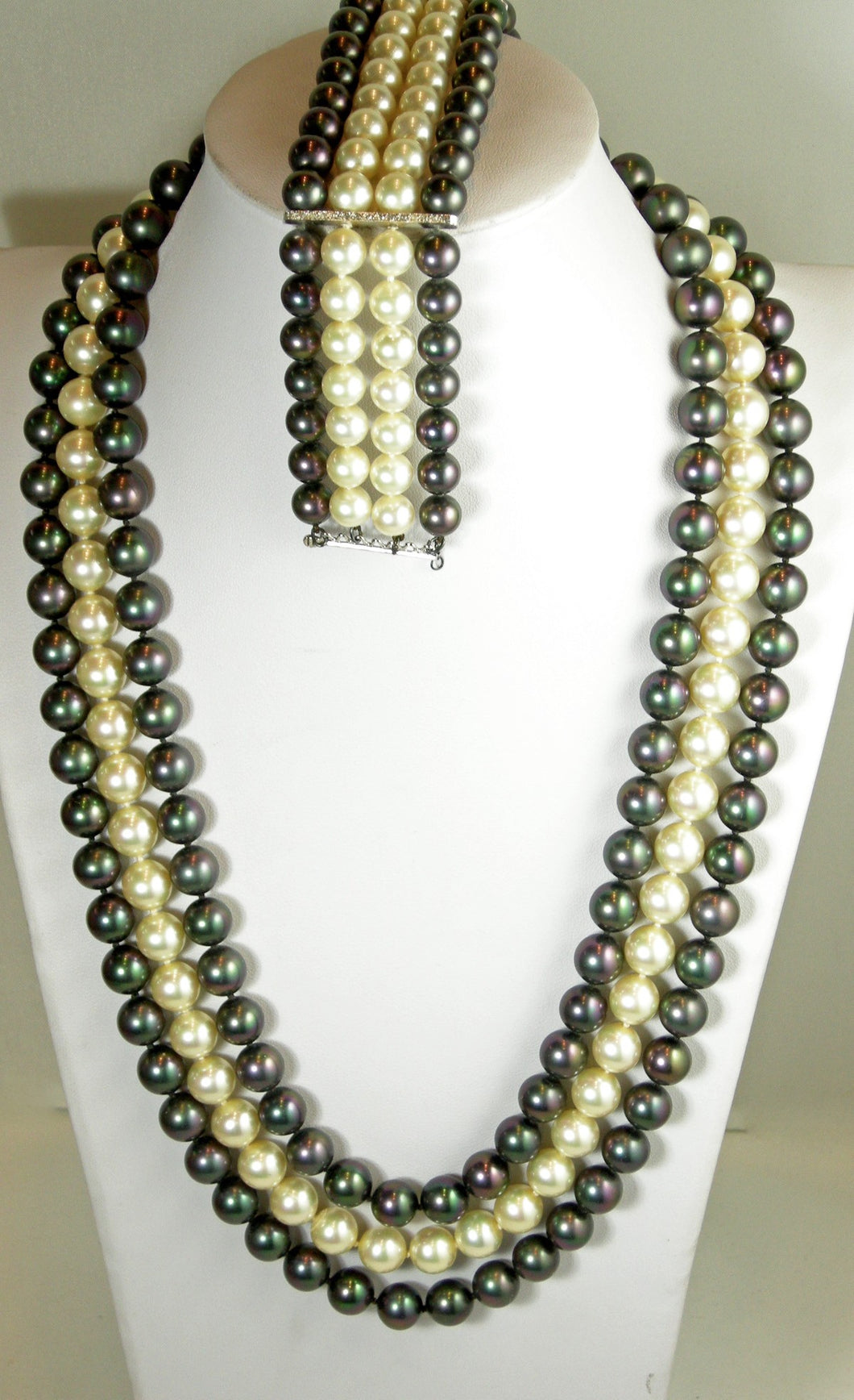 Vintage 3 Strand Iridescent Faux Pearl Necklace & Bracelet