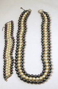 Vintage 3 Strand Iridescent Faux Pearl Necklace & Bracelet