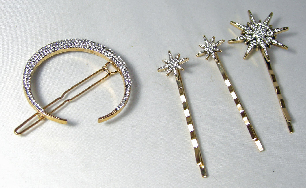 Vintage Crystal Stars and Half Moon Hair Pins   - JD10415