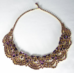 Vintage 50s Signed Hattie Carnegie Purple Crystal Bib Necklace